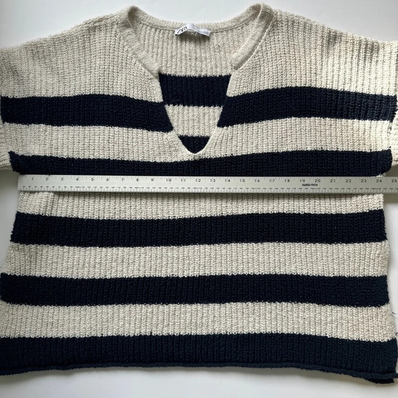 Zara Striped Chunky Knit Sweater Blue Cream V Neck Boxy Fit Nautical Preppy Sz L - Picture 7 of 16